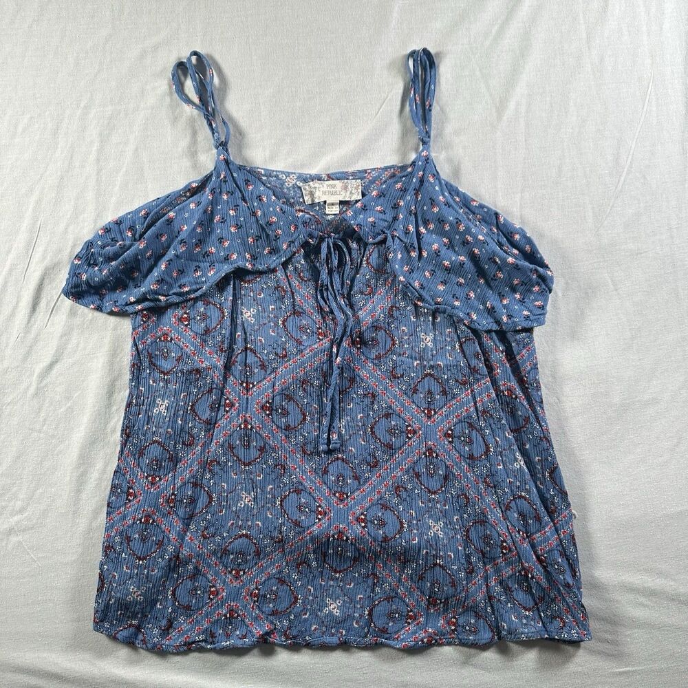 Pink Republic Women’s Large Boho Cold Shoulder Top Blue Floral Tie Neck